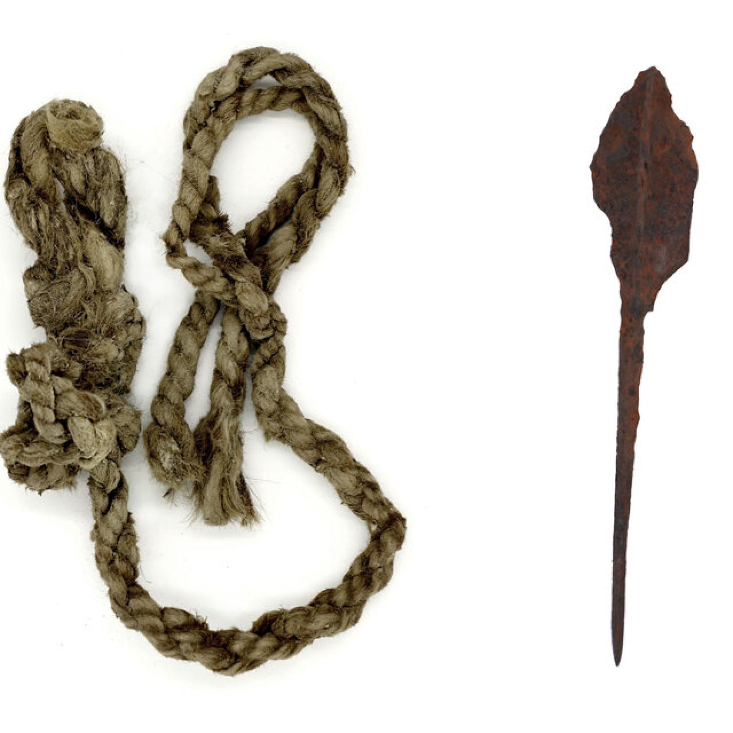 A length of rope (1,500 years old) and an iron arrow (2,050 years old)