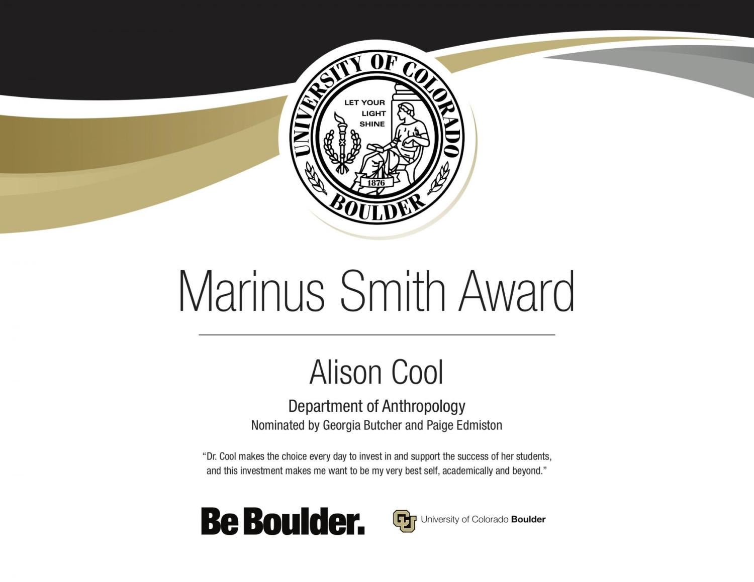 Marinus Smith Award Certificate