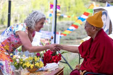 Professor McGranahan greeting CIA-Tibet_Khensur Rinpoche Lobsang Tsephel at the Dumra site