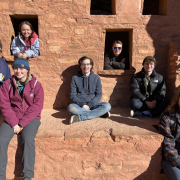 Students inside the cliff dwelling