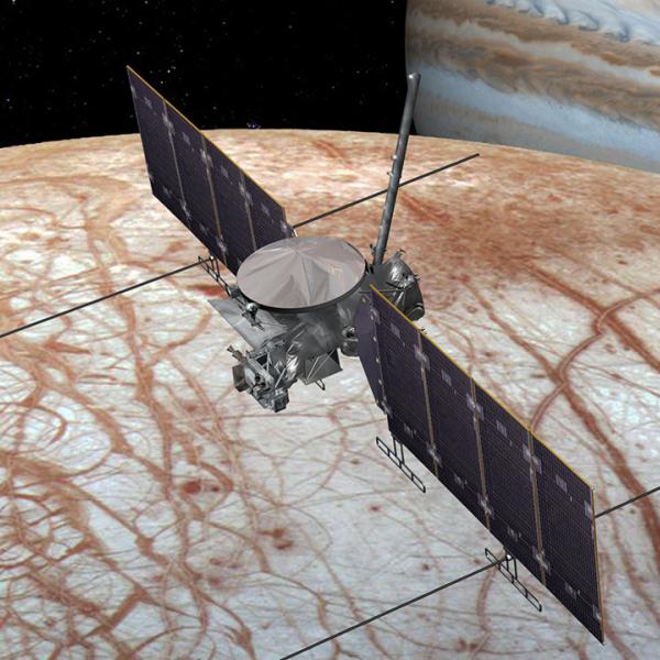 A 2016 artist's view of the Europa Clipper spacecraft. The design could change as the spacecraft is developed.
