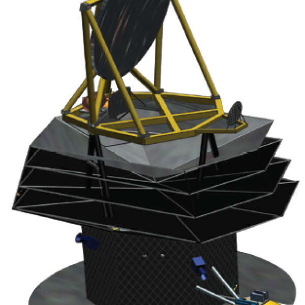 GEP; the primary mirror, sunshields, spacecraft bus, and solar panel skirt are prominent