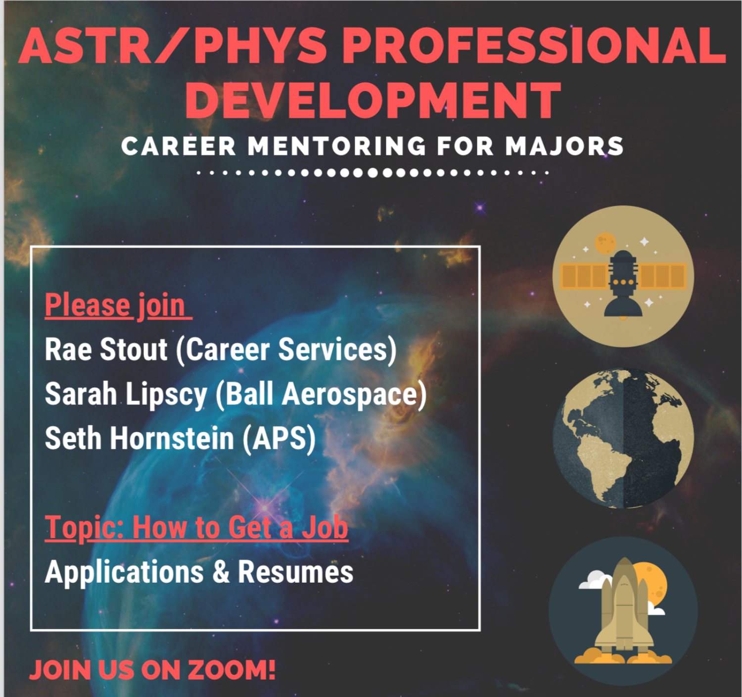 Promo flyer for ASTR/PHYS Professional Development seminar on how to get a job