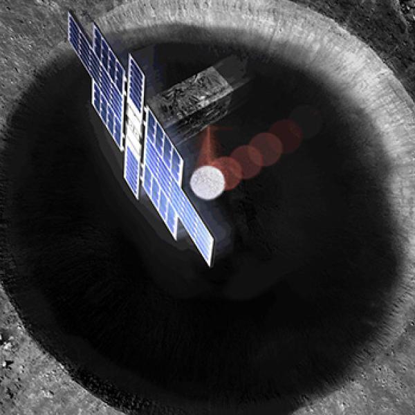 artist's concept shows a view from above the Lunar Flashlight spacecraft