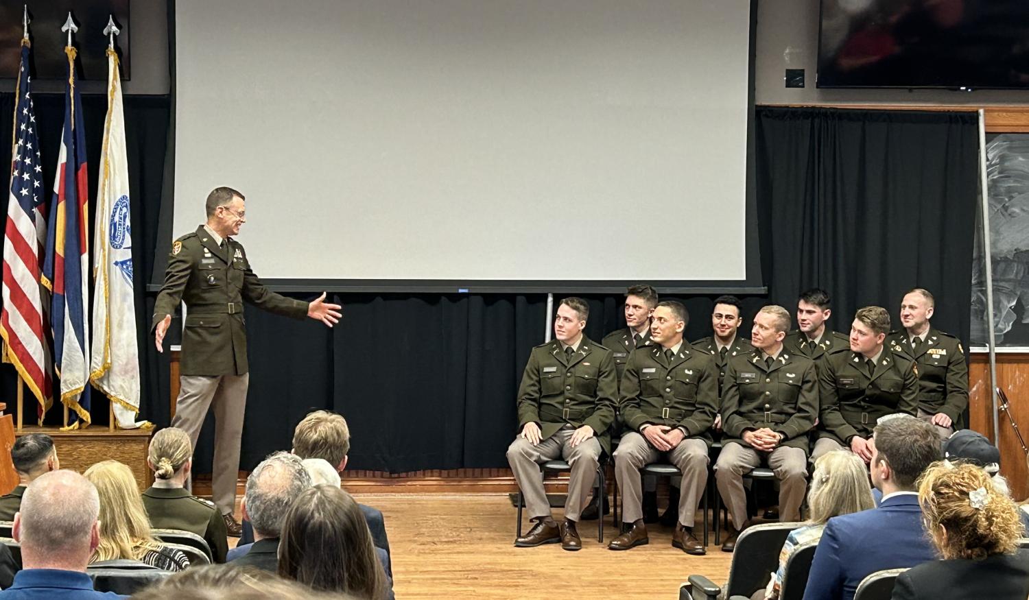Army ROTC Cadets listening to Brigadier General Jesse Morehouse’s speech at the Spring 2024 AROTC Commissioning Ceremony on May 10, 2024. Photo courtesy of the Golden Buffalo Battalion.