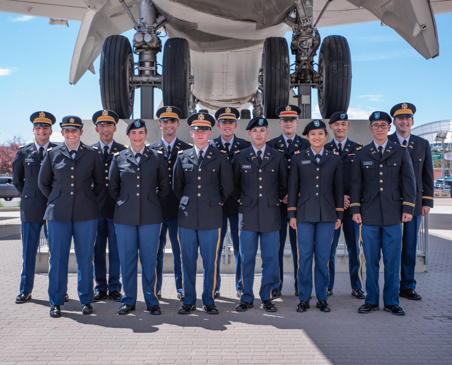Army ROTC Spring 2021 Commissionees [from left to right]: [back row] 2LT Pantlin, 2LT Park, 2LT Antonsen, 2LT Fisher, 2LT Mulcahy, 2LT Song, 2LT Boyles ; [front row] 2LT Noyes, 2LT Kerman, 2LT Feibusch, 2LT Cooper, 2LT Landwehr, 2LT Ascik. Photo courtesy of Cadet Arianna Decker.