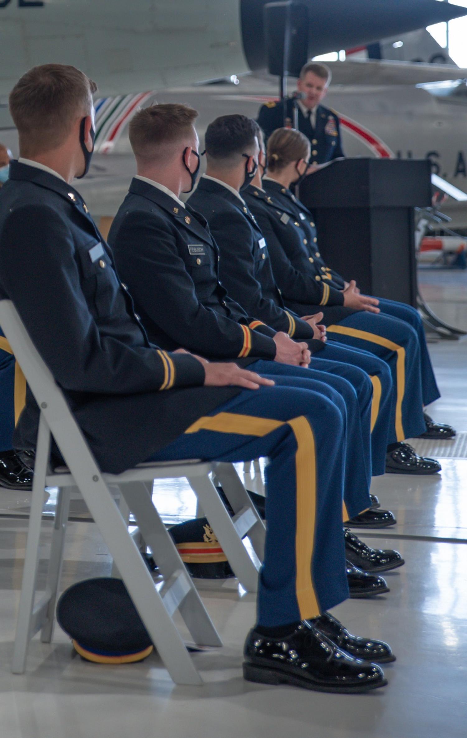 Army ROTC Cadets listening to Brigadier General Scott Sherman’s speech at the Spring 2021 AROTC Commissioning Ceremony on May 7, 2021. Photo courtesy of Cadet Arianna Decker.
