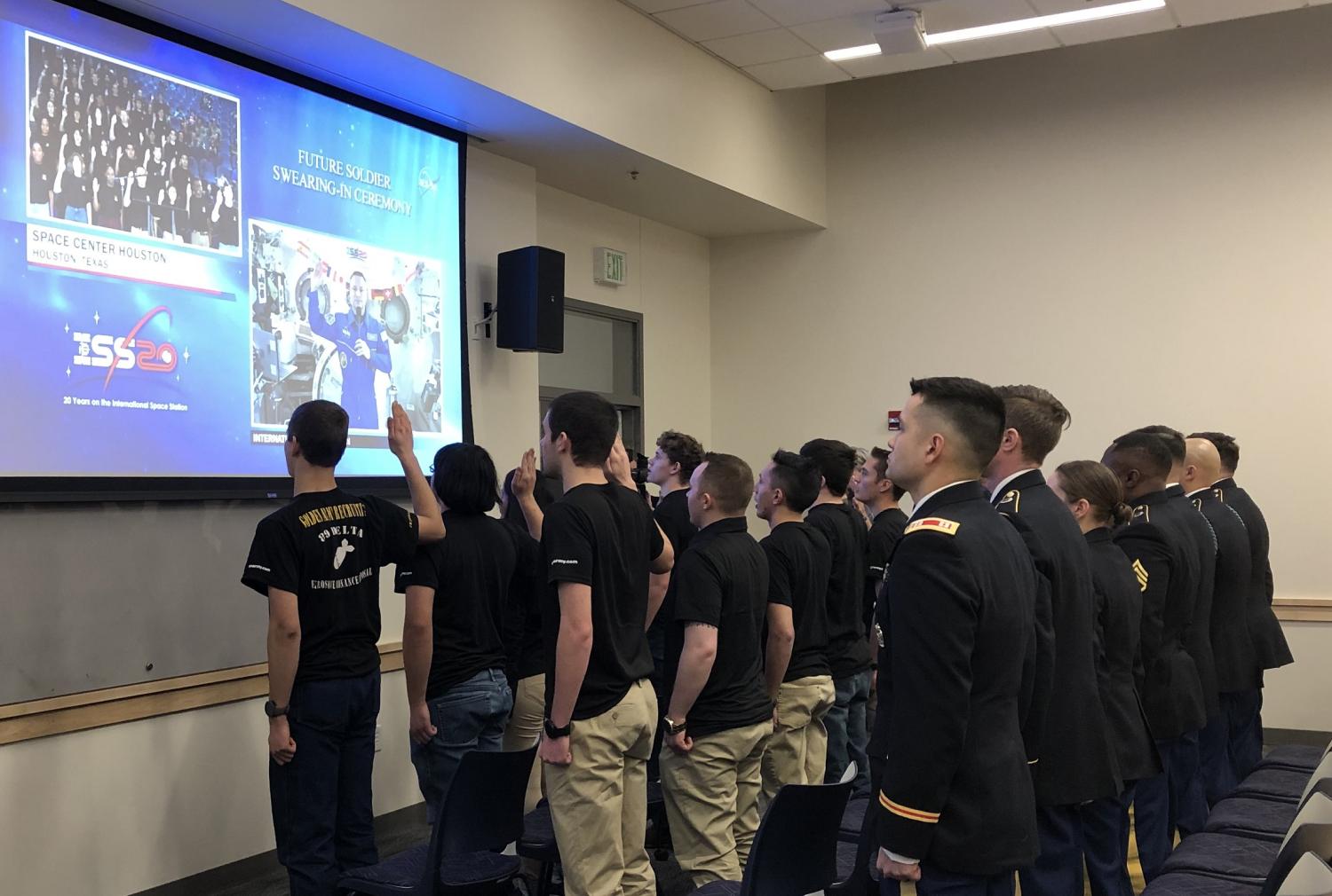 Live feed from the space station as COL Morgan conducts the oath of enlistment to local students preparing to enter the U.S. Army.