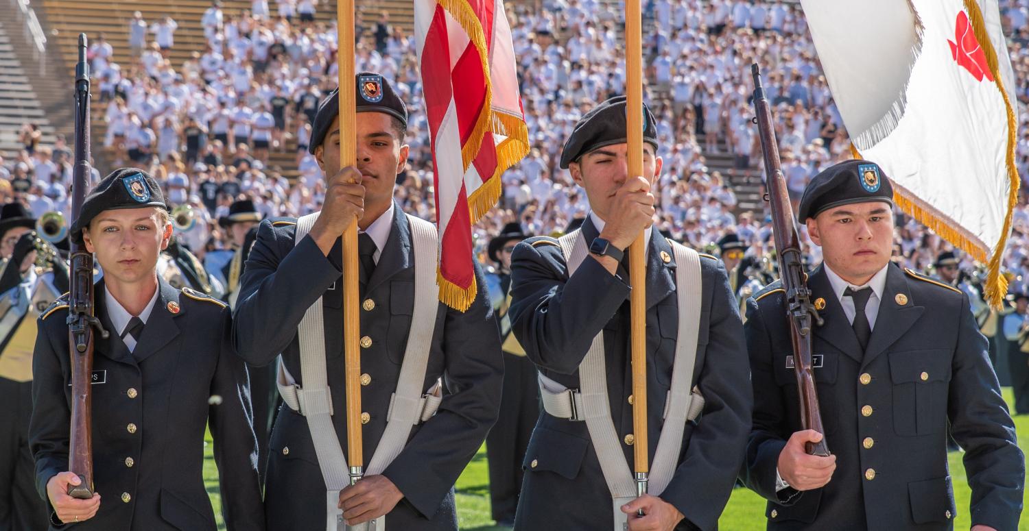 Army ROTC Color Guard [from left to right]: CDT Phipps, CDT Williams, CDT Lorino, and CDT Yao. Photo courtesy of Cadet Arianna Decker.
