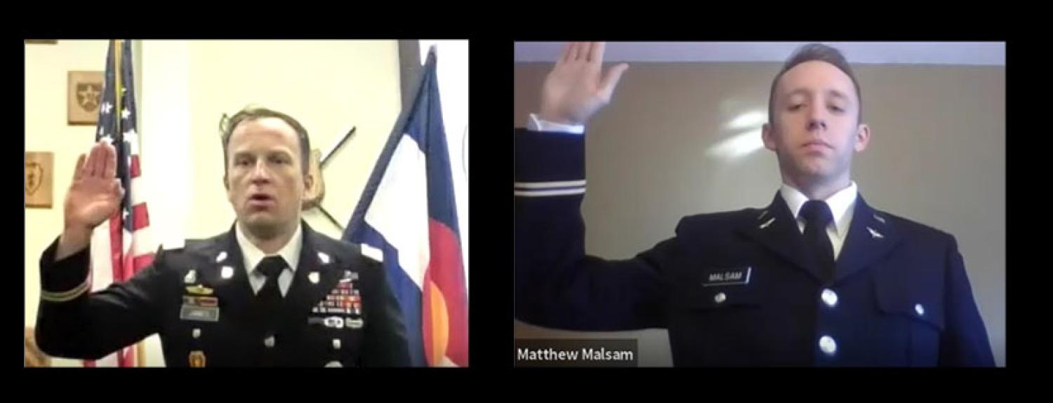MAJ Joshua James is swearing in Cadet Matthew Malsam to become a Second Lieutenant in the U.S. Army.
