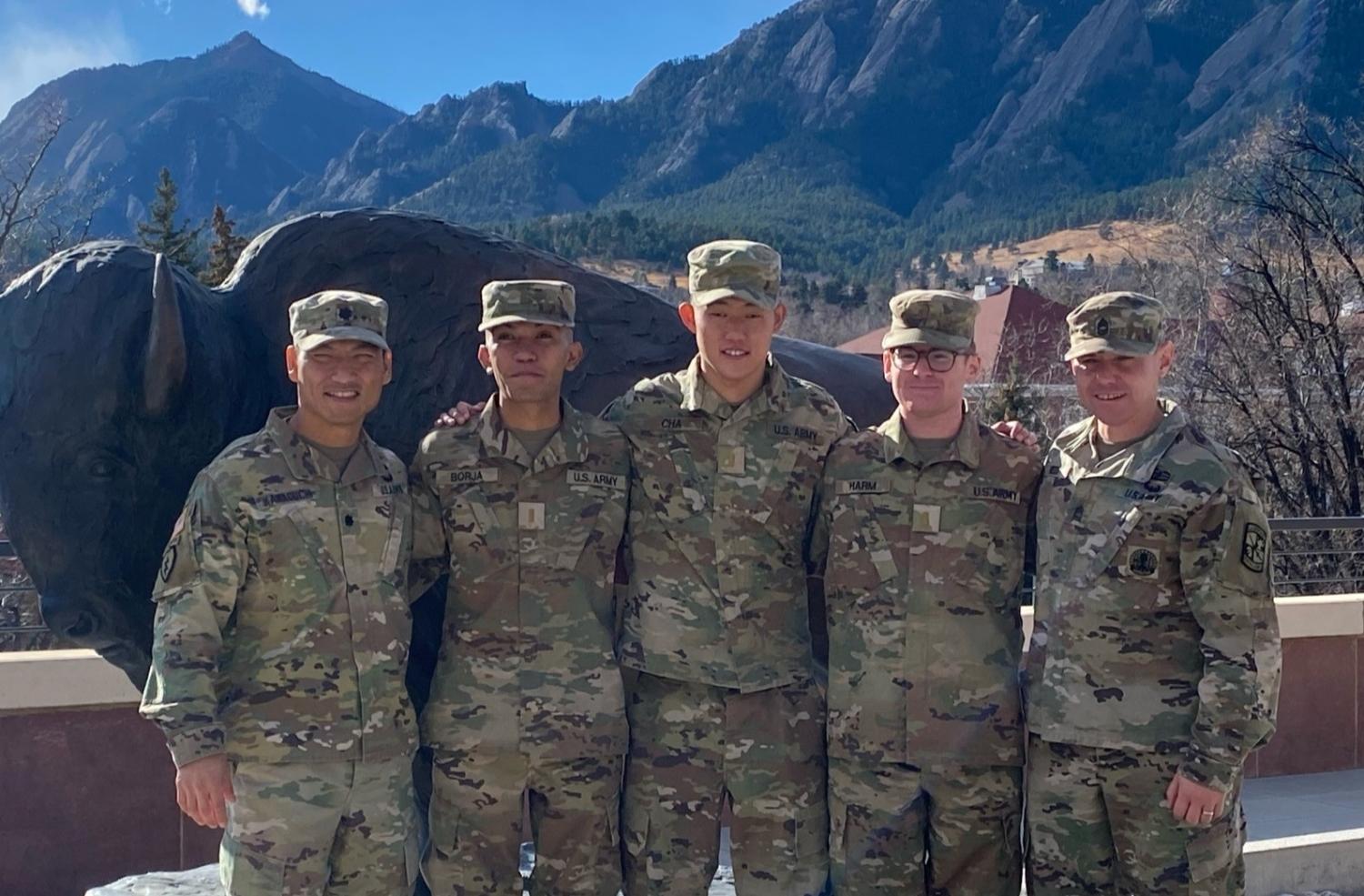 Army ROTC Fall 2021 Commissionees and their commanding officers [from left to right]: LTC Bryce Kawaguchi, 2LT Danny Borja, 2LT Austin Cha, 2LT Harrison Harm, and MSG Evan Reed. Photo courtesy of CPT Chris Head.
