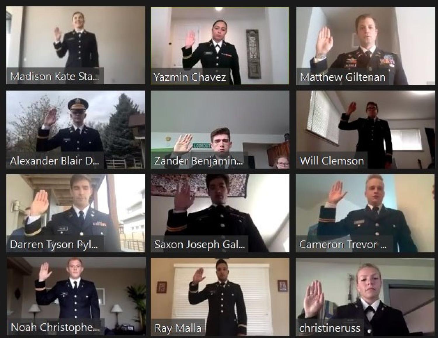 Army ROTC Spring 2020 Commissioning Cadets [from left to right, top to bottom] 2LT Madison Starck, 2LT Yazmin Chavez, 2LT Matthew Giltenan, 2LT Blair Dalziel, 2LT Zander Wiesehuegel, 2LT Will Clemson, 2LT Tyson Pyles, 2LT Saxon Gallegos-Wilson, 2LT Cameron Welsh, 2LT Noah Dahm, 2LT Ray Malla, and 2LT Christine Russ – Zoom screenshot of each Cadet swearing in to become Second Lieutenant’s in the U.S. Army, taken from their own home.