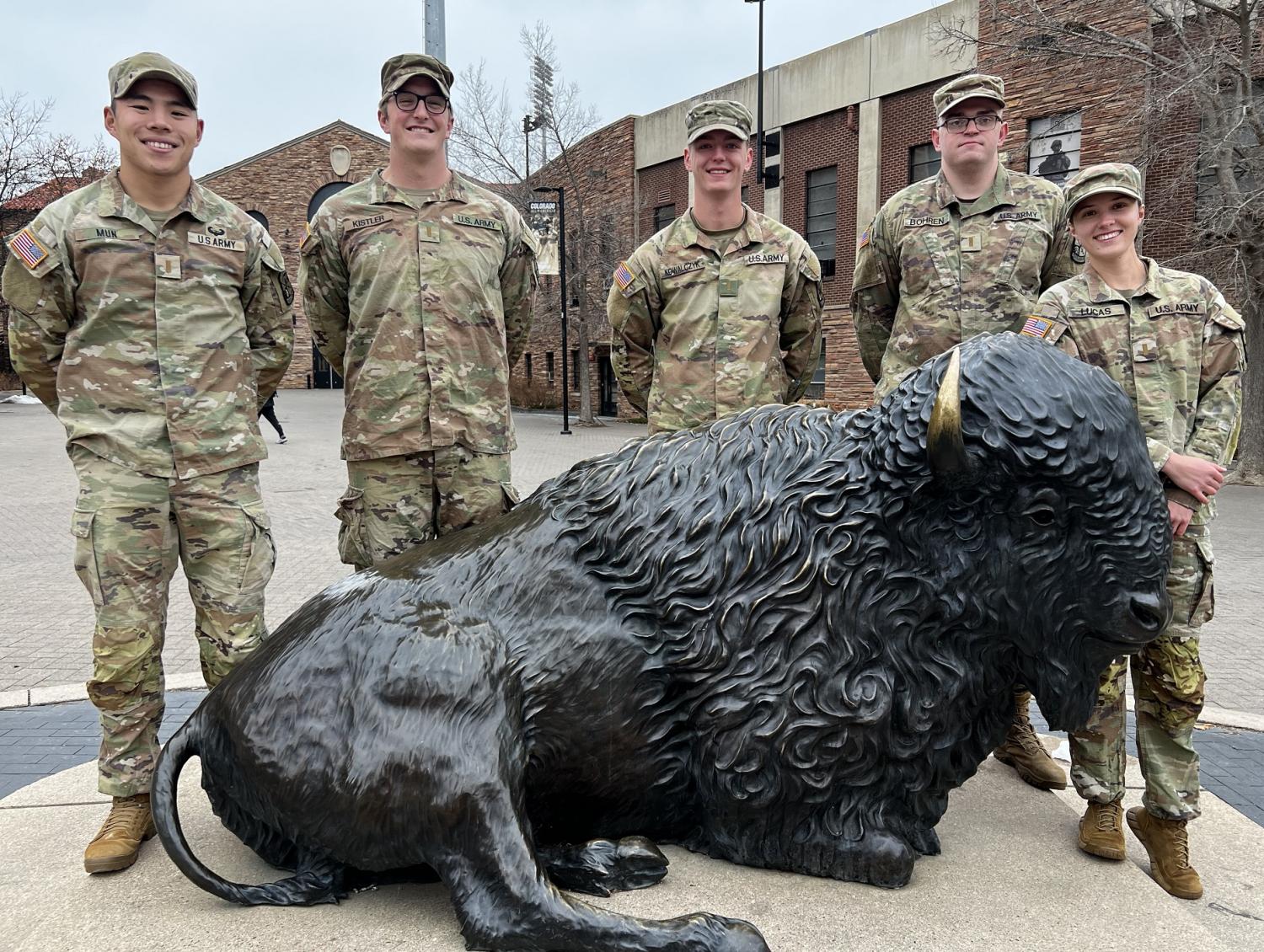 Army ROTC Fall 2023 Commissionees [from left to right]: 2LT Isaac Mun, 2LT Evan Kistler, 2LT Ryan Kowalczyk, 2LT Wyatt Bohren, and 2LT Courtney Lucas. Photo courtesy of the Golden Buffalo Battalion.