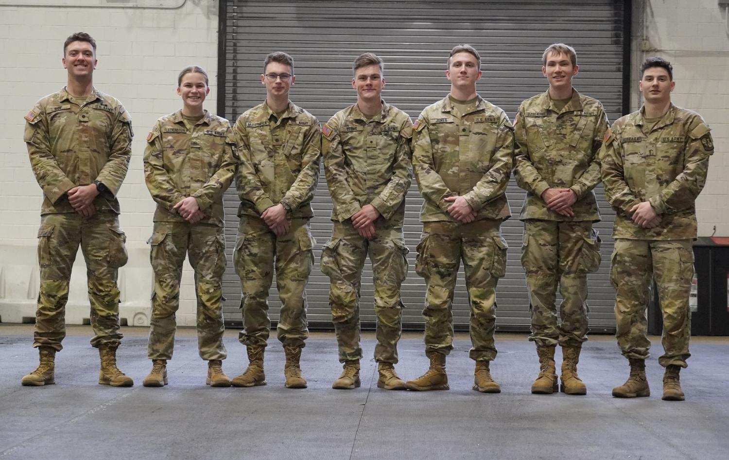 Part of the Army ROTC’s team of Cadets that signed up to participate in the NROTC Colorado Meet 2024 begins. From left to right: CDT Collin Roy, CDT Claire Fleckenstein, CDT Connor McCormick, CDT Ryan Young, CDT Dylan Jones, CDT Vadim Uzdensky, and CDT Nick Ferrara. Photo courtesy of CDT William Vlad.