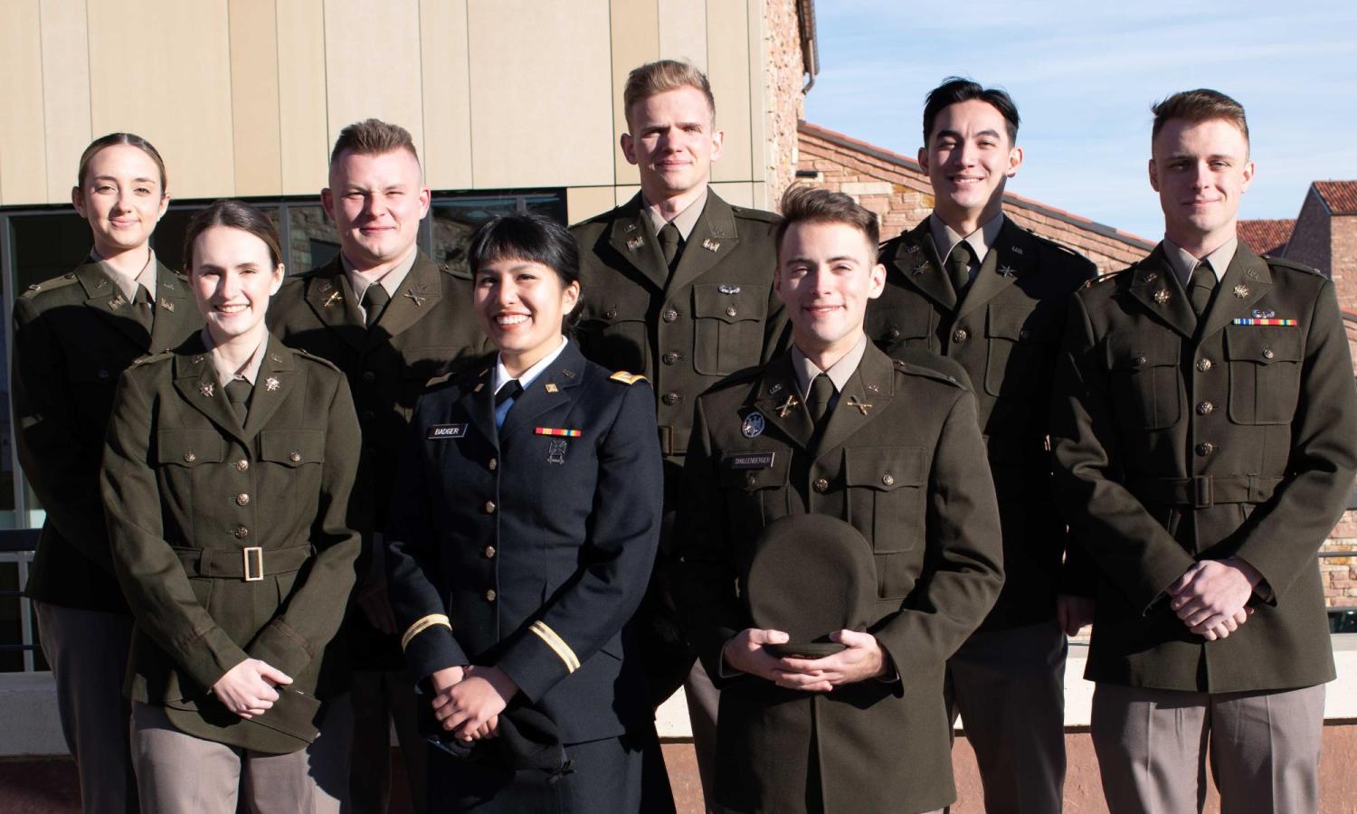 Army ROTC Fall 2022 Commissionees [from left to right]: [back row] 2LT Juliana Zitron, 2LT Jon Mullins, 2LT Corbin Hoppe, 2LT Riley Iwanaga, 2LT Austin Soelzer; [front row] 2LT Danielle Pothier, 2LT Hannah Badger, and 2LT Benjamin Shallenberger. Photo courtesy of Aaron Sager.