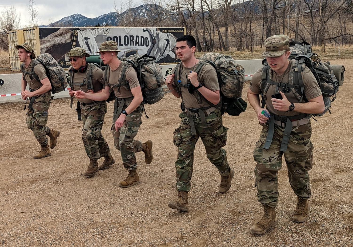 Army ROTC Cadets from Bravo Company finish strong in the cool/cloudy weather at the local Bataan event on CU’s South Campus. Photo courtesy of CPT Austin Wesley