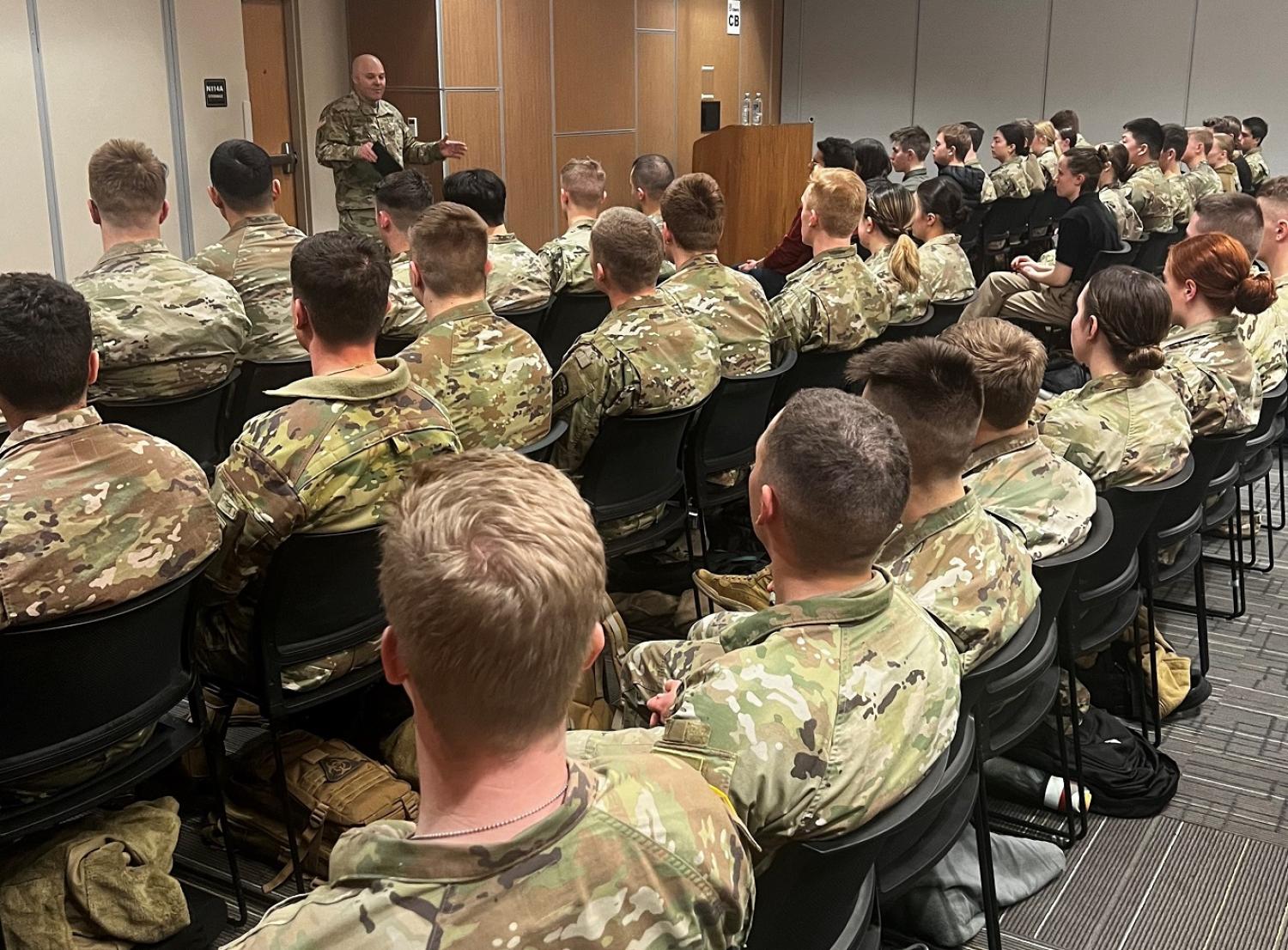 BG Isaac J. Peltier from Peterson Space Force Base spoke to ACO Cadets on February 23, 2023. Photo courtesy of CPT Chris Head.