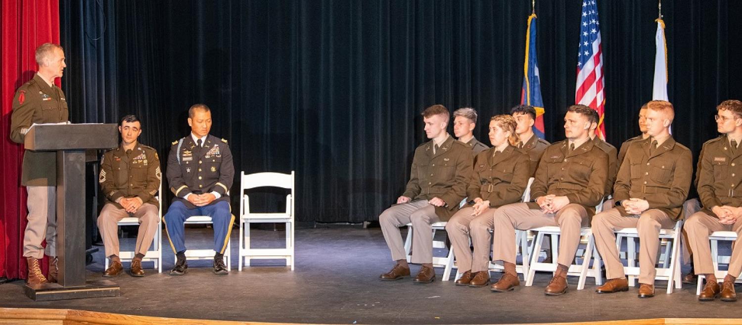 Army ROTC Cadets listening to Brigadier General Gil Ferguson speech at the Spring 2023 AROTC Commissioning Ceremony on May 12, 2023. Photo courtesy of Aaron Sager.