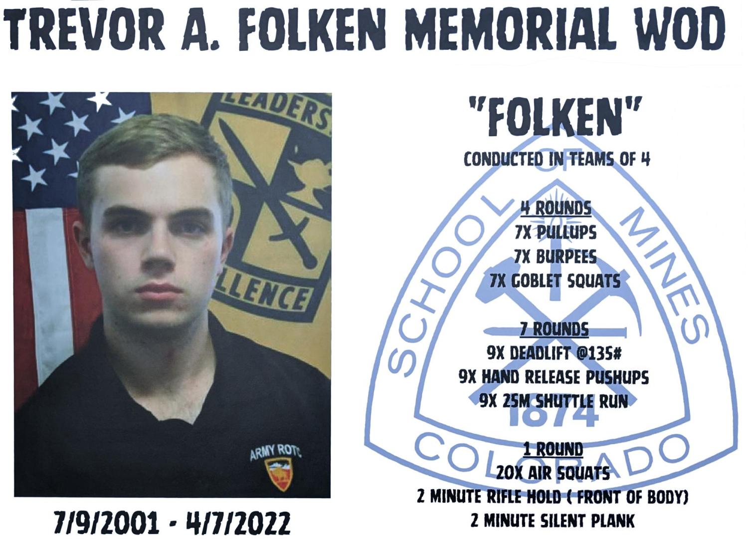 Memorial Work Out of the Day (WOD) to honor the memory of Cadet Trevor A. Folken, 7/9/2001 – 4/7/2022. Photo courtesy of CPT Austin Wesley
