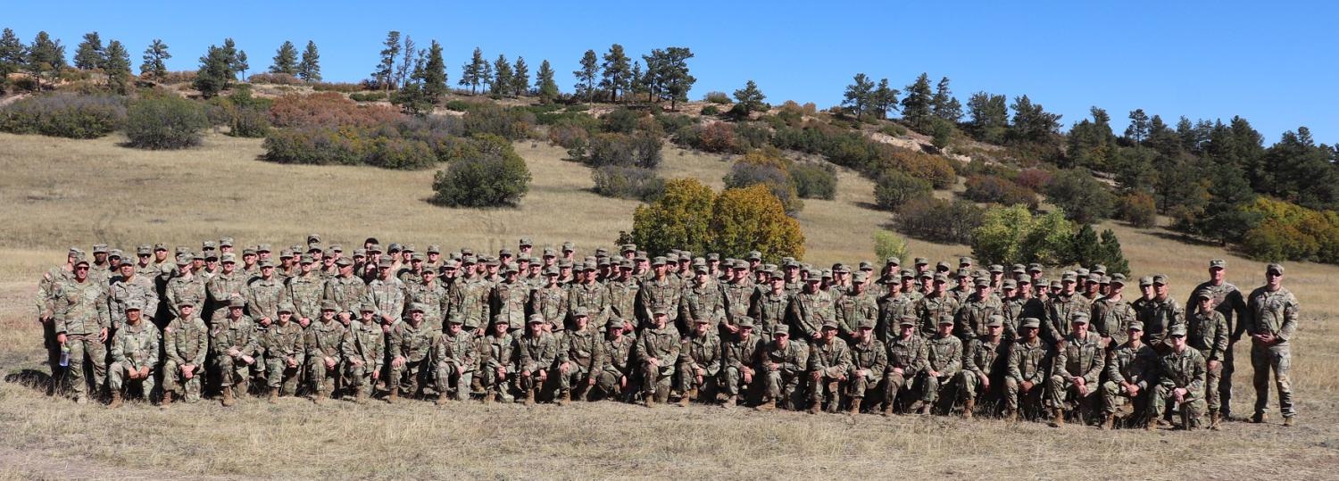 Army ROTC Cadets and Cadre group shot on the last day of FTX. Photo courtesy of Cadet Preston Miglaw.