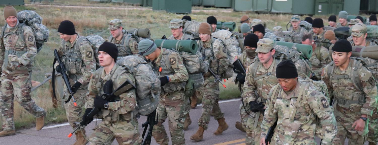 Army ROTC Cadets and Cadre beginning the 6-mile ruck march on the last day of FTX. Photo courtesy of Cadet Preston Miglaw.