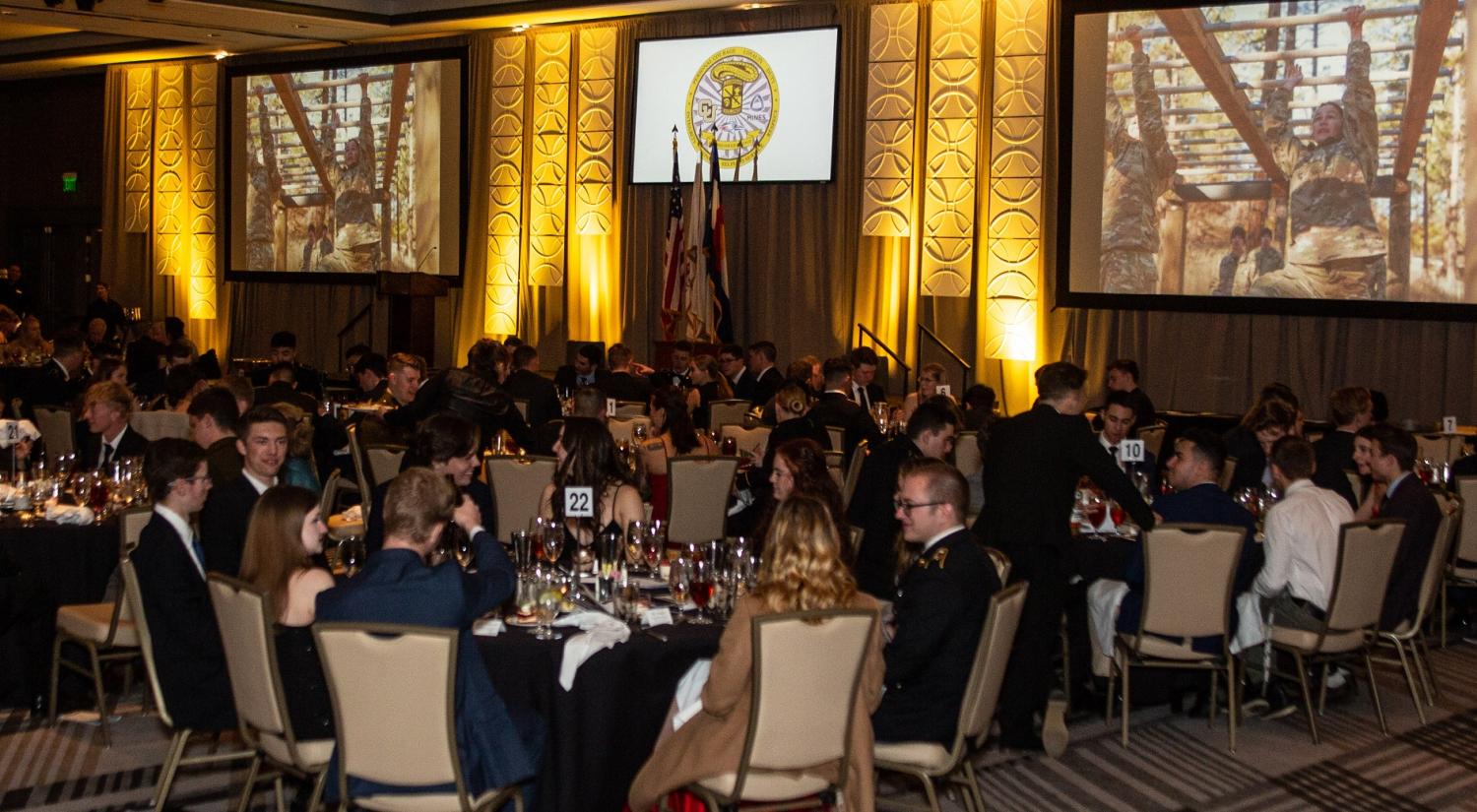Cadets, Cadre and special guests enjoying their meals at the 2022 Army ROTC Military Ball. Photo courtesy of Tamara’s Camera, Erie, CO.