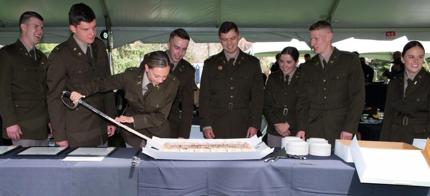 Army ROTC Spring 2022 Commissionees [from left to right]: 2LT Koenig, 2LT Fin, 2LT Phipps, 2LT Laucirica, 2LT Greulich, 2LT Geisman, 2LT Mahre, 2LT Trainor (not pictured is 2LT White). Photo courtesy of Aaron Sager.