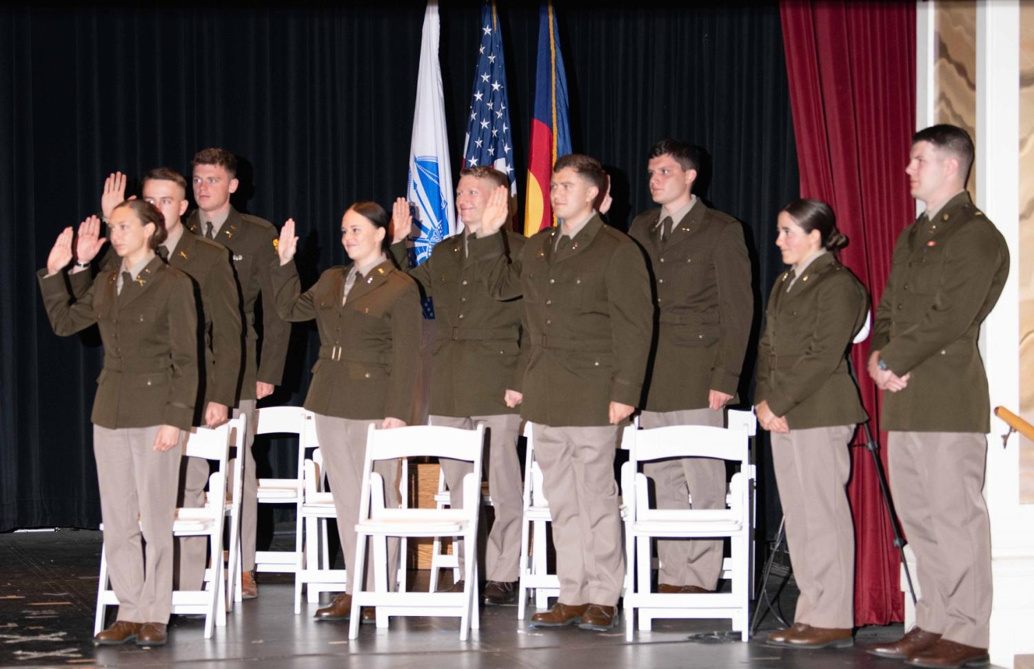 Seven Cadets are sworn in with the Oath of Office by LTC Bryce Kawaguchi (not pictured). Photo courtesy of Aaron Sager.