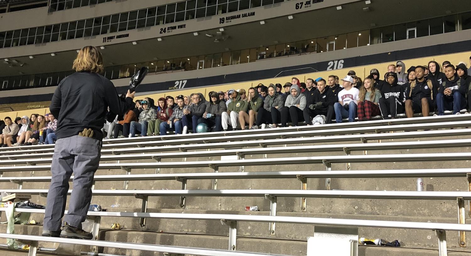 Army ROTC Cadets receiving instructions on what refuse goes into what bag during the Stadium Clean-up after the second home football game of the 2022 season. Photo courtesy of the Golden Buffalo Battalion.
