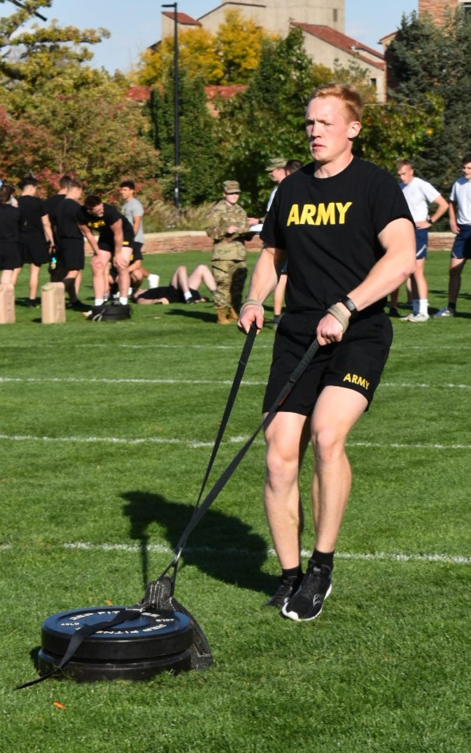 Cadet Chrisman pulling 90lb weights in the pull-carry run. Photo courtesy of AROTC Second Lieutenant Chantel Phipps.
