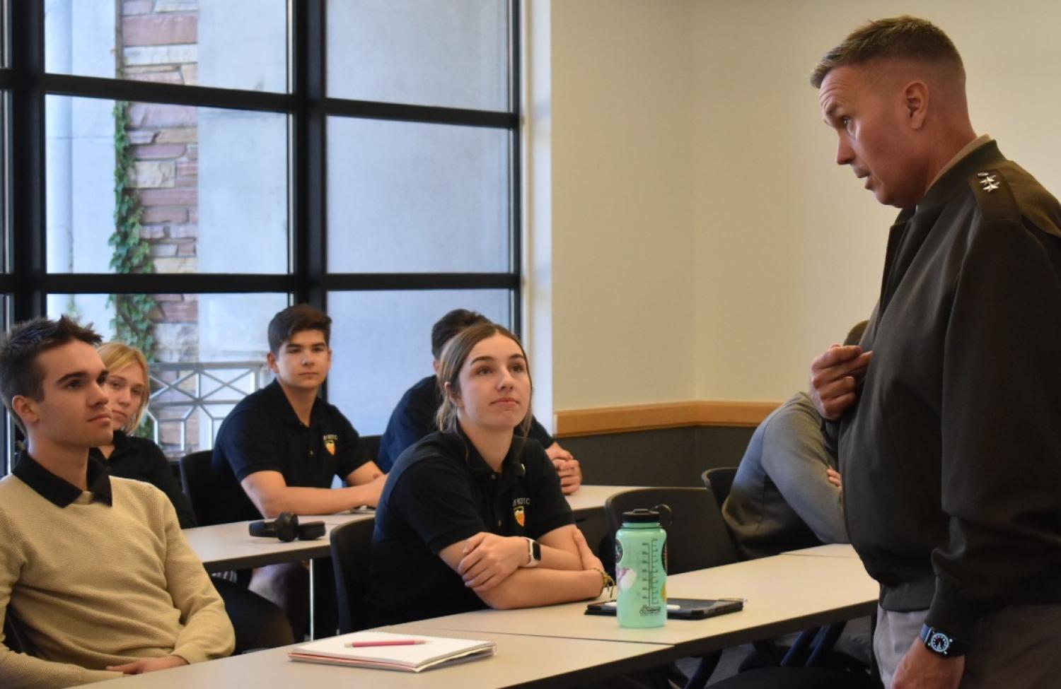 Major General, Christopher R. Norrie, talking to ROTC Cadets regarding good leadership skills and future rolls as a military graduate. Photo courtesy of AROTC Second Lieutenant Chantel Phipps.