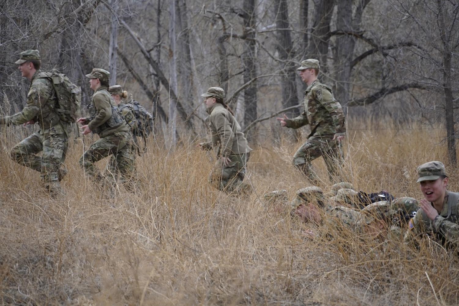 Cadet practice platoon cover and movements on South Campus during their regular Thursday lab. Photo courtesy of CDT William Vlad.