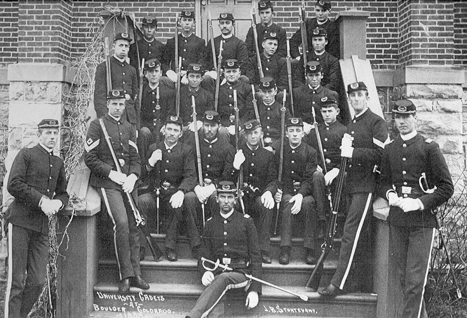 Students of the Voluntary Cadet Corps in 1888, in front of Old Main. Photo courtesy of the University of Colorado Boulder Library Archives, University Collection.