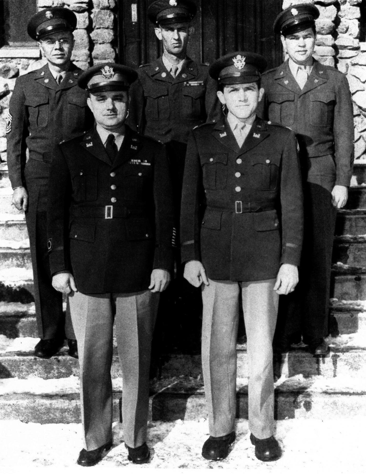 The first CU-Boulder Army ROTC Cadre members, circa 1948. Front left: LTC Chester Landaker, CPT Landsford F. Kengle Jr.; back left: MSG Vernon A. Peterson, MSG Robert E. Phoenix, MSG Ray H. Seewer. Photo courtesy of the University of Colorado Boulder Library Archives, University Collection.