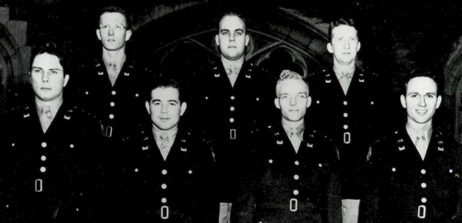 The first CU-Boulder Army ROTC commissioning class of 1950. From left to right (front row): Donald C. McCarter, Donald L. Feller, Glenn R. Chafee, Jr. and Mark Chilton; (back row): Milton L. Wiley, Roger H. Nelson and William M. Parr. Photo courtesy of the University of Colorado Boulder Library Archives, University Collection.