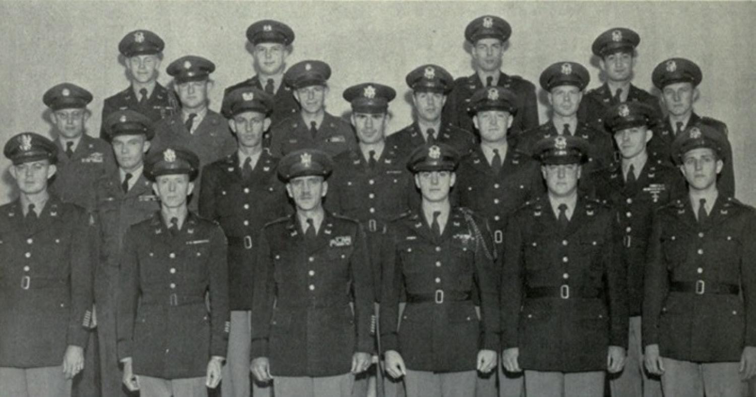 Cadet LT COL Millard Hawley Smith (front row, third from right) standing next to the current Professor of Military Science (PMS), COL Cornman L. Hahn (fourth from right). Photo courtesy of the 1951 Colorado Yearbook.