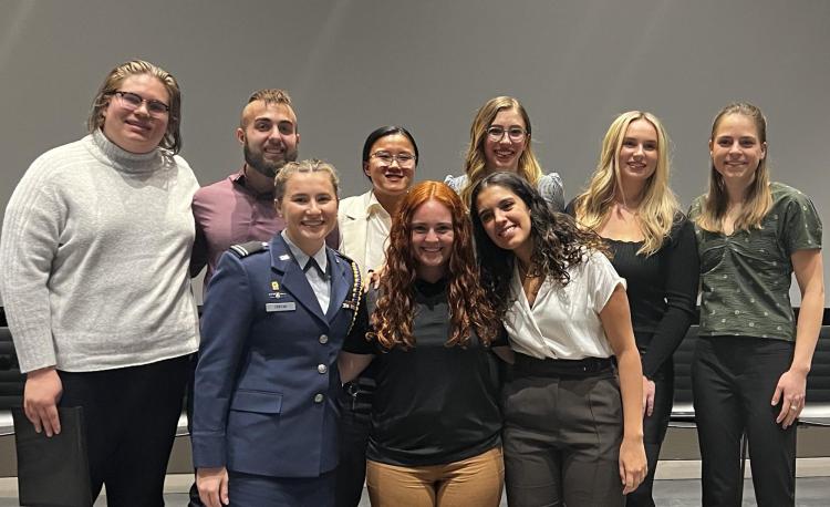 Cadet Peters (center, front row) along with the other 8 nominees for the 2023 Student Leaders of the Year Award. Photo courtesy of Captain Chris Head.