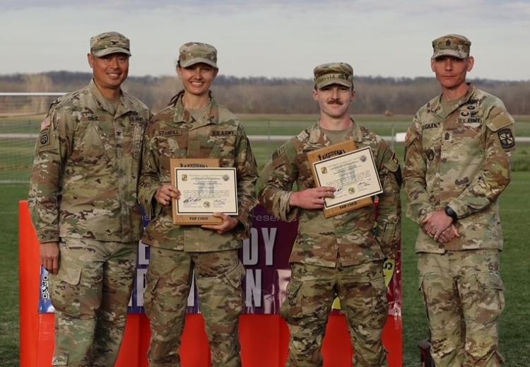 (From left to right) COL Austin S. Cruz, Cadet Jessica Stanfill, Cadet Kalen Kostal, and CSM Kyle E. Keenan. Photo courtesy of the Golden Buffalo Battalion.