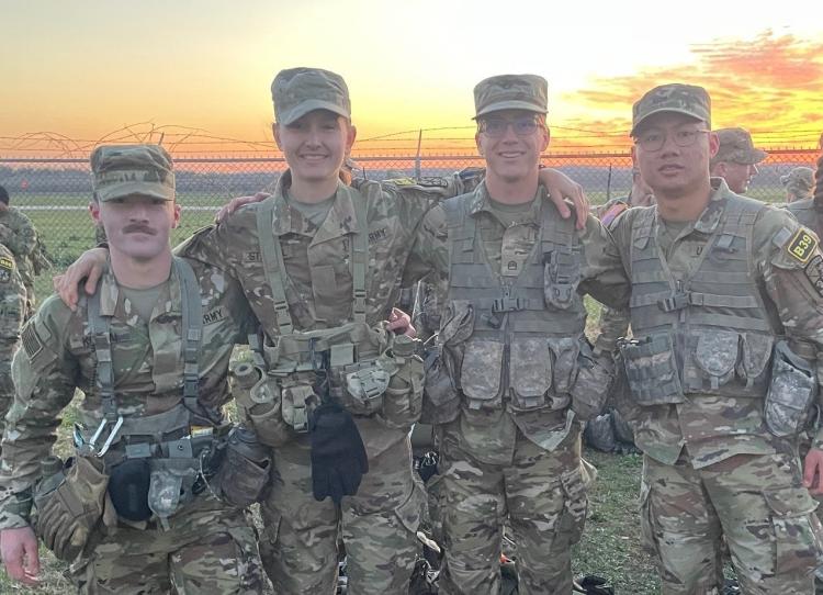 (From left to right) Cadets Kostal, Stanfill, Farney, and Abuan posing for a picture before the event begins. Photo courtesy of the Golden Buffalo Battalion.