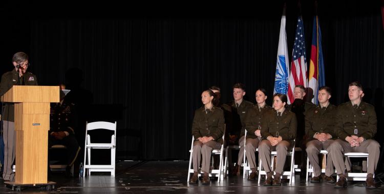 Army ROTC Cadets listening to Brigadier General Bren Rogers speech at the Spring 2022 AROTC Commissioning Ceremony on May 6, 2022. Photo courtesy of Aaron Sager.