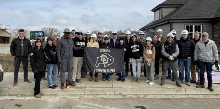 The entire volunteer group at the CU Boulder Veterans Build Day in Longmont, CO on March 4th. Photo courtesy of Miguel Valdez, VCP Community Engagement Coordinator.