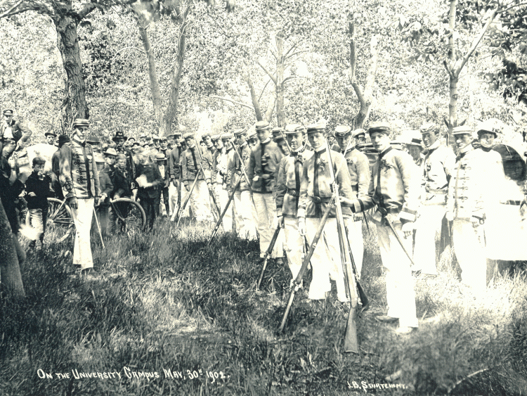 Students of the Voluntary Cadet Corps in 1902 on the CU-Boulder campus, conducting field exercises. Photo courtesy of the University of Colorado Boulder Library Archives, University Collection.