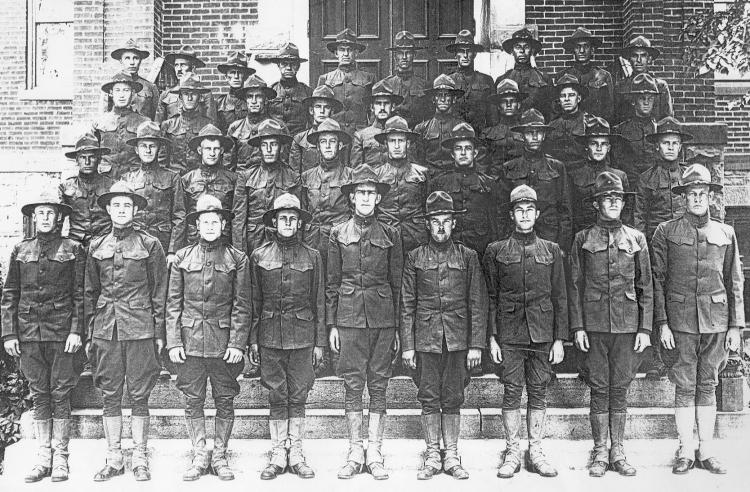 The first 38 men to finish training with the University of Colorado Student Army Training Corps (SATC) in 1918. All were sent overseas. Photo courtesy of the University of Colorado Boulder Library Archives, University Collection