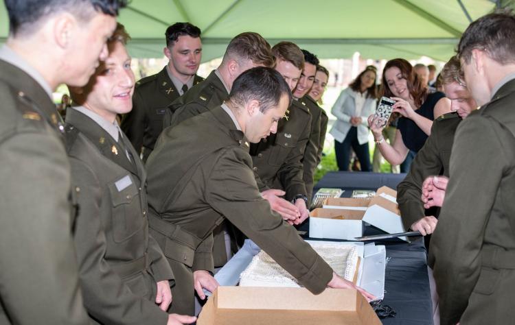 Army ROTC Spring 2023 Commissionees [from left to right]: 2LT Martin, 2LT Sussman, 2LT Johnson, 2LT Gervasi, 2LT Misak (behind to left), 2LT Fanikos, 2LT Lorino, 2LT Picard, 2LT Ferguson, and 2LT Brocklander. Photo courtesy of Aaron Sager.
