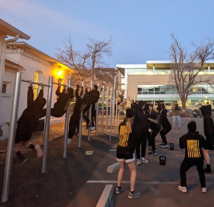 Cadets, Cadre and guests conducting the Memorial WOD at the BCO ROTC House in Golden. Photo courtesy of CPT Austin Wesley.