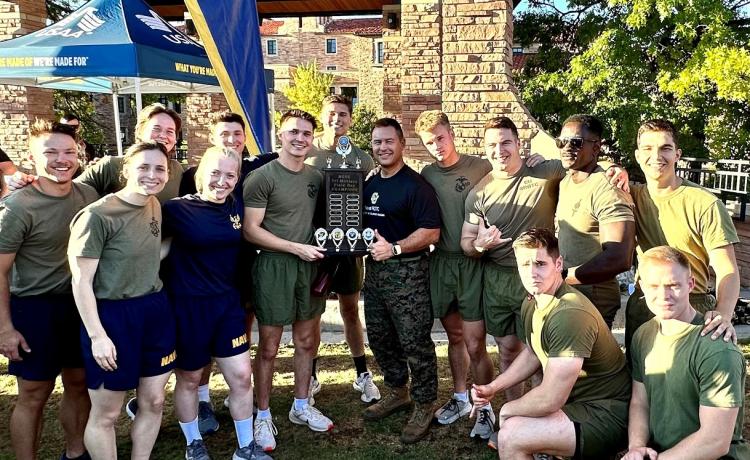 Navy/Marine ROTC Midshipmen celebrating their first place victory in the annual Tri-Military Service Competition on October 5, 2023. Photo courtesy of the NROTC program.