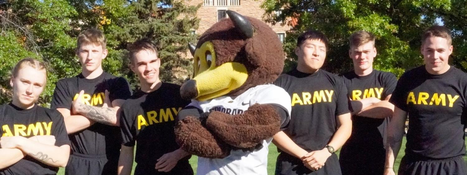 Army Cadets posing with Ralphie before the competition. Photo courtesy of AROTC CDT William Vlad.