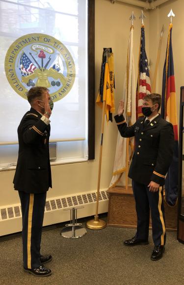 Major Joshua James is swearing in Cadet Maxwell Goin to become a Second Lieutenant in the U.S. Army.