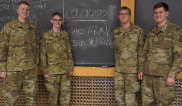 Four Cadets that entered the knowledge team event taking second place in the competition, from left to right: CDT Greg Krohn, CDT Owen Scott, CDT Vadim Uzdensky, and CDT David Morehouse. Photo courtesy of CDT William Vlad.