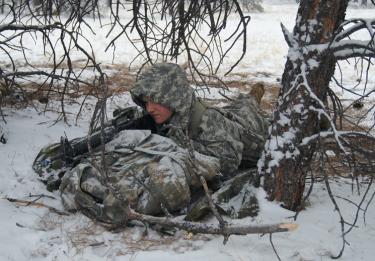 Cadet Lee (MSI), prepares her defensive position during the platoon training lane. Photo courtesy of Cadet Liam McDermott.